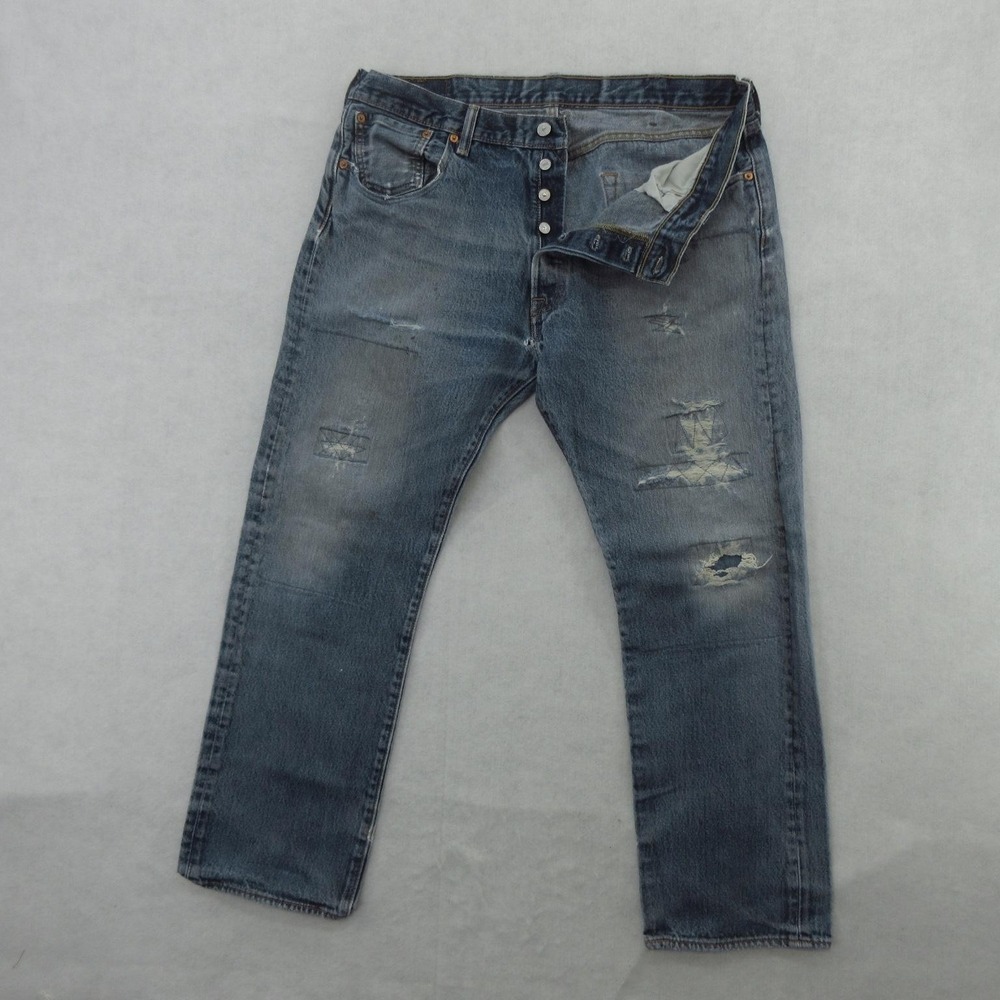 Levis 501 Jeans Mens 38x30 Blue Faded Thrashed Button Fly Straight Leg Denim